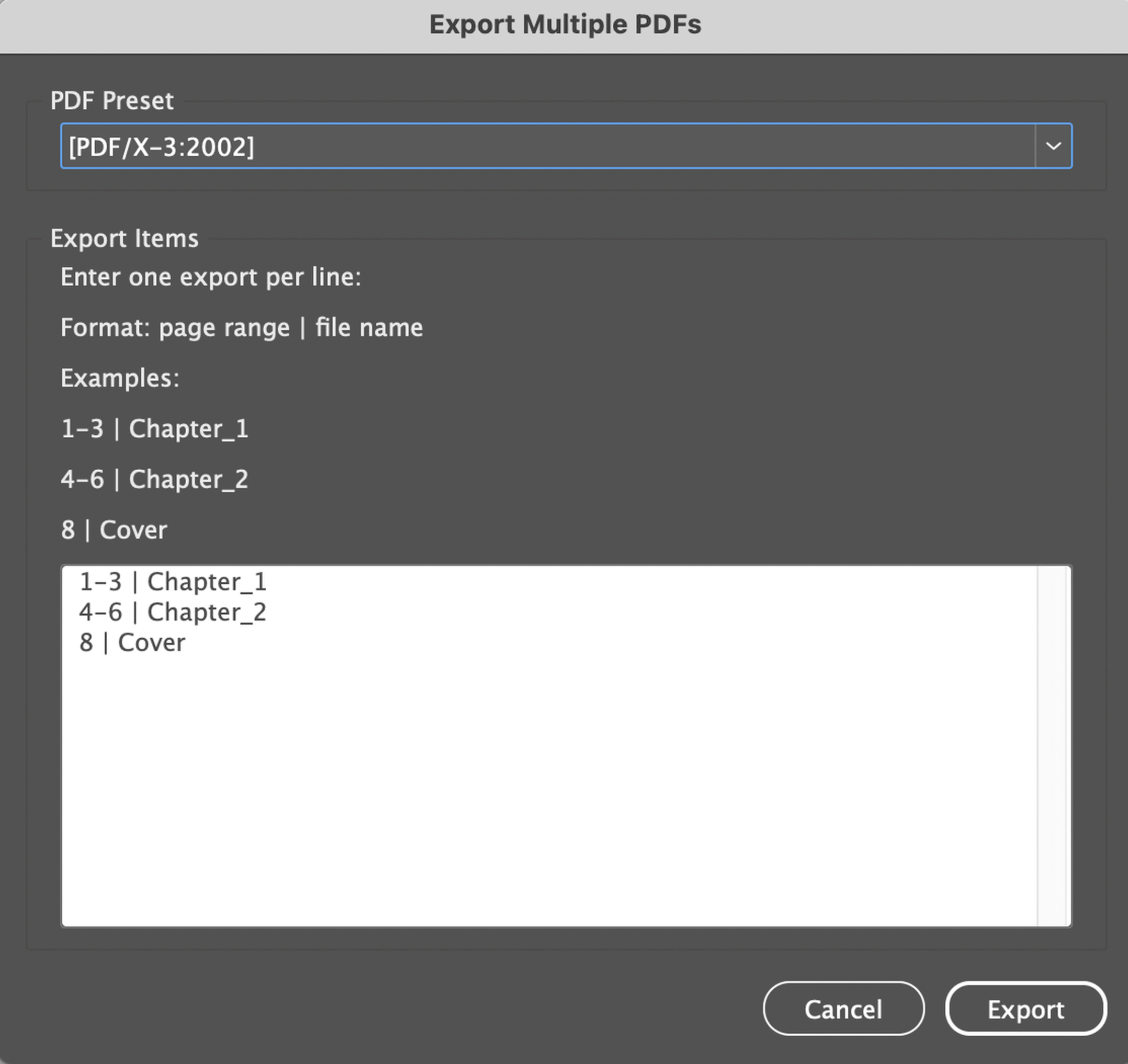 export multiple pdfs by range screenshot