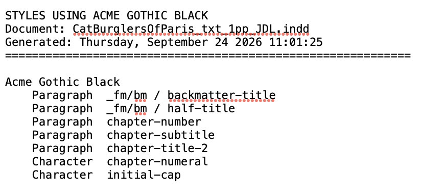 selected font report