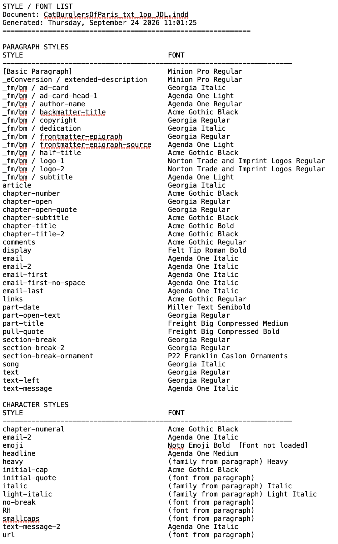 style / font list report